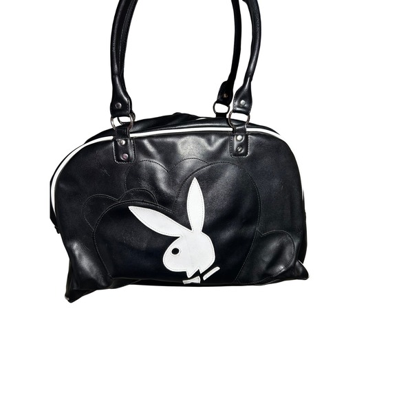 PLAYBOY Handbags - Vintage 90s Playboy Black Duffel Bag White Trim Bunny Logo Pink Lined Travel